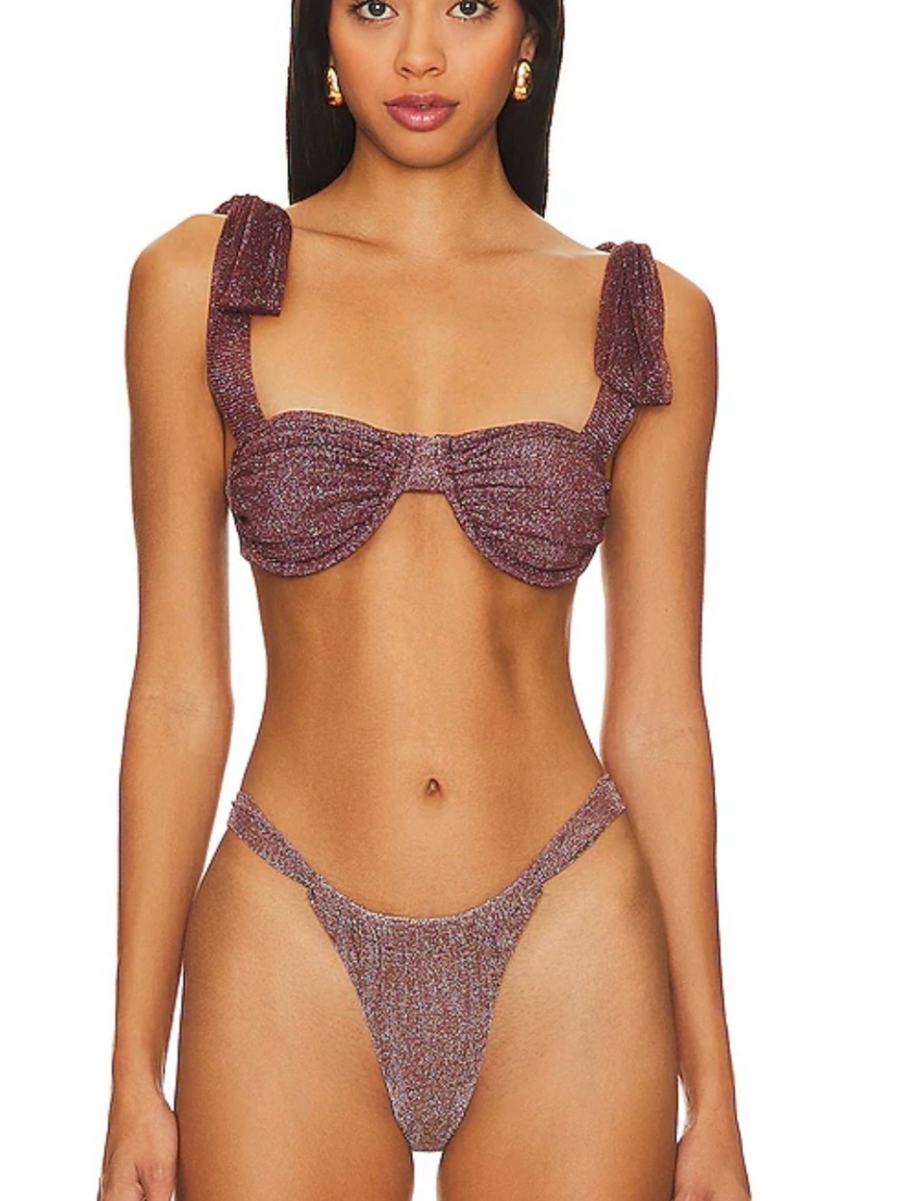 Beach Riot Metallic Mauve Ruched Tie-Shoulder Bikini